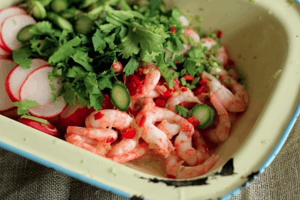 prawn ceviche with asparagus and radishes