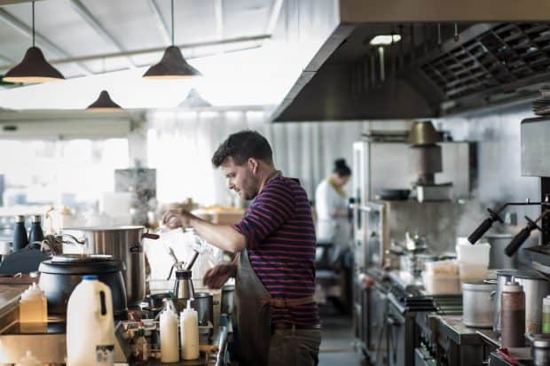 Tom Hunt prepping the tea or mushroom kombu dashi