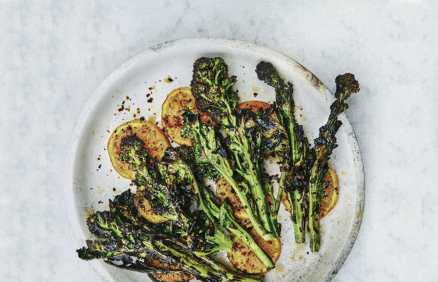 Chargrilled purple sprouting broccoli and clementines