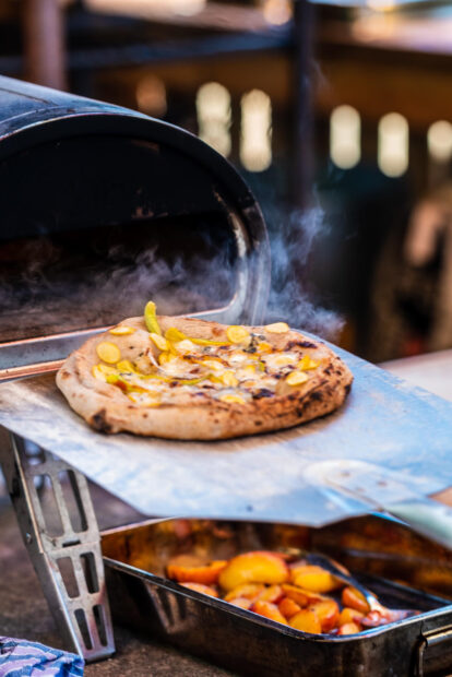 Wholemeal Pizza with Roasted peach, blue cheese, courgette flower and honey